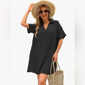 Women's V-Neck Beachwear Short Sleeve Loose Beach Dress Blue Swim Cover-Up Black